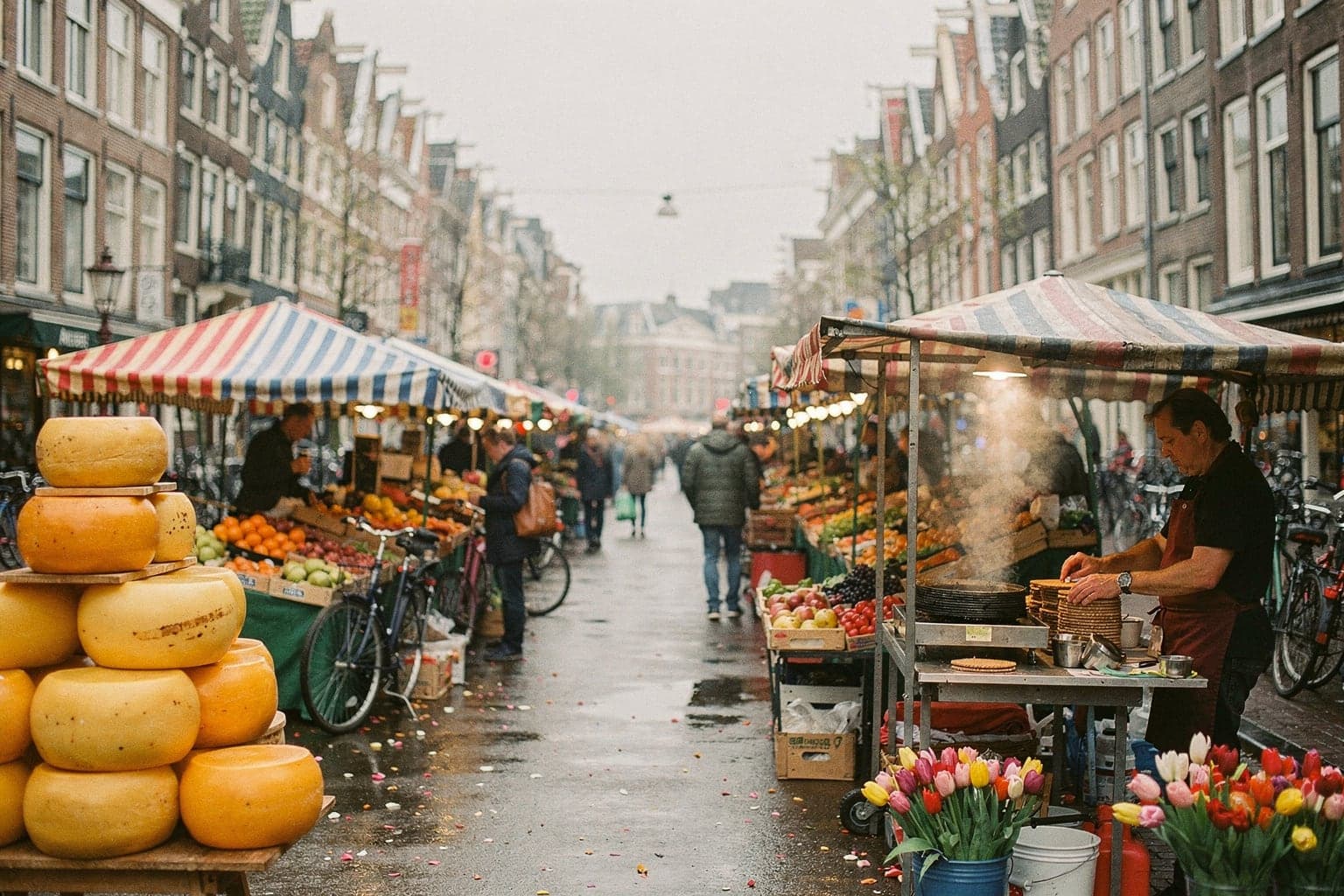 Market stalls with striped awnings, cheese wheels and a stroopwafel griddle at the Albert Cuyp Market in De Pijp