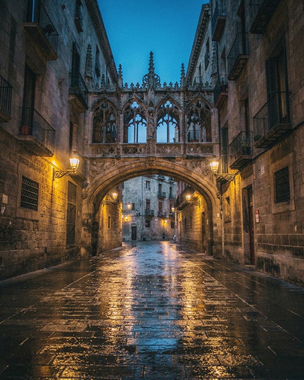 The carved stone bridge over Carrer del Bisbe in the Gothic Quarter at dusk