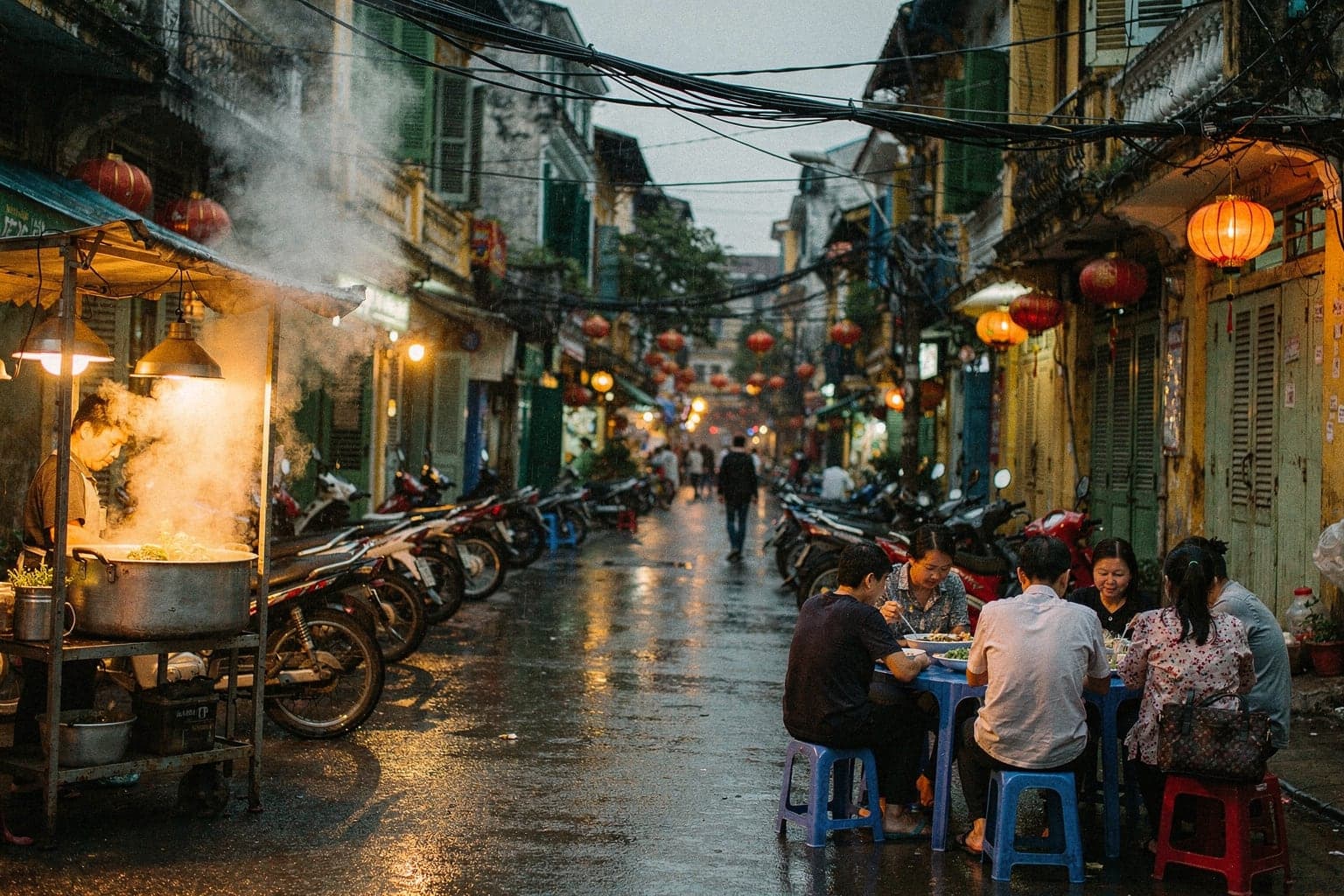 Families eating at low plastic tables on a narrow Old Quarter street at night, steam rising from a pho stall