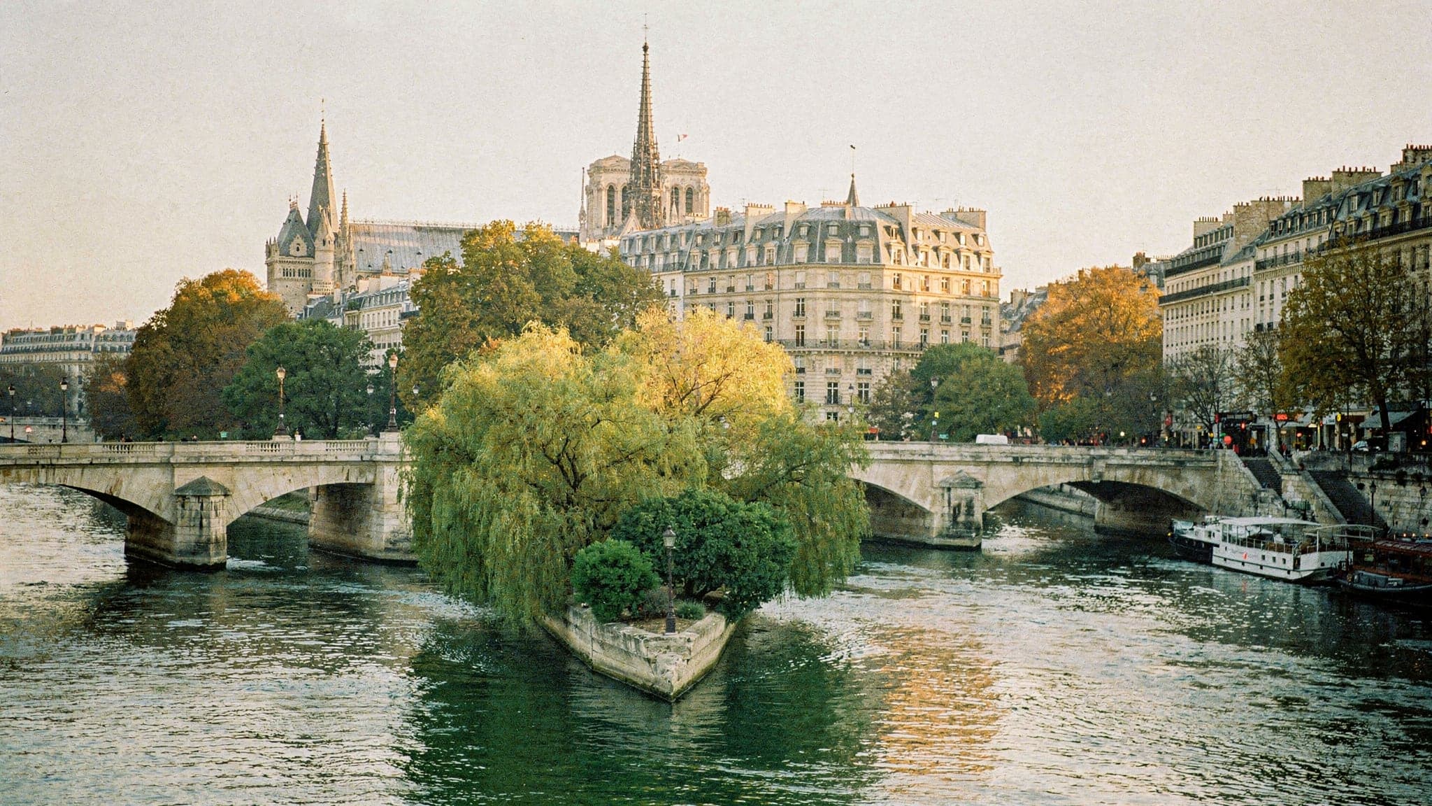 The Seine at sunrise from the Pont des Arts, with the stone arches of the Pont Neuf and the tree-lined tip of the Île de la Cité in soft mist