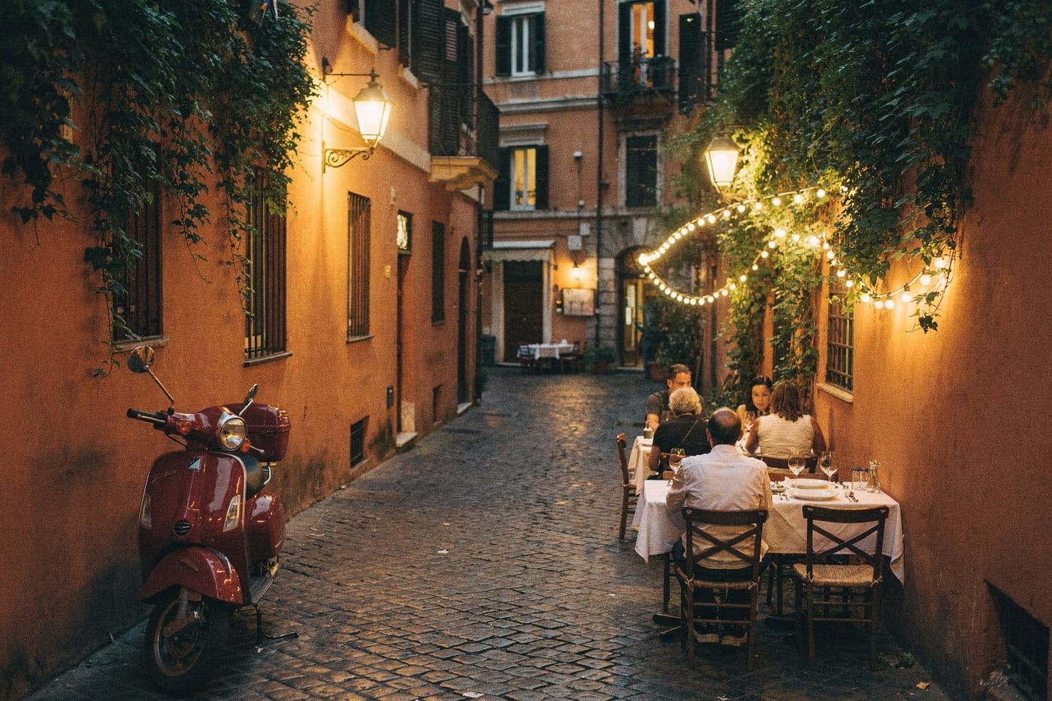 An ivy-covered lane in Trastevere at night with trattoria tables under warm lights