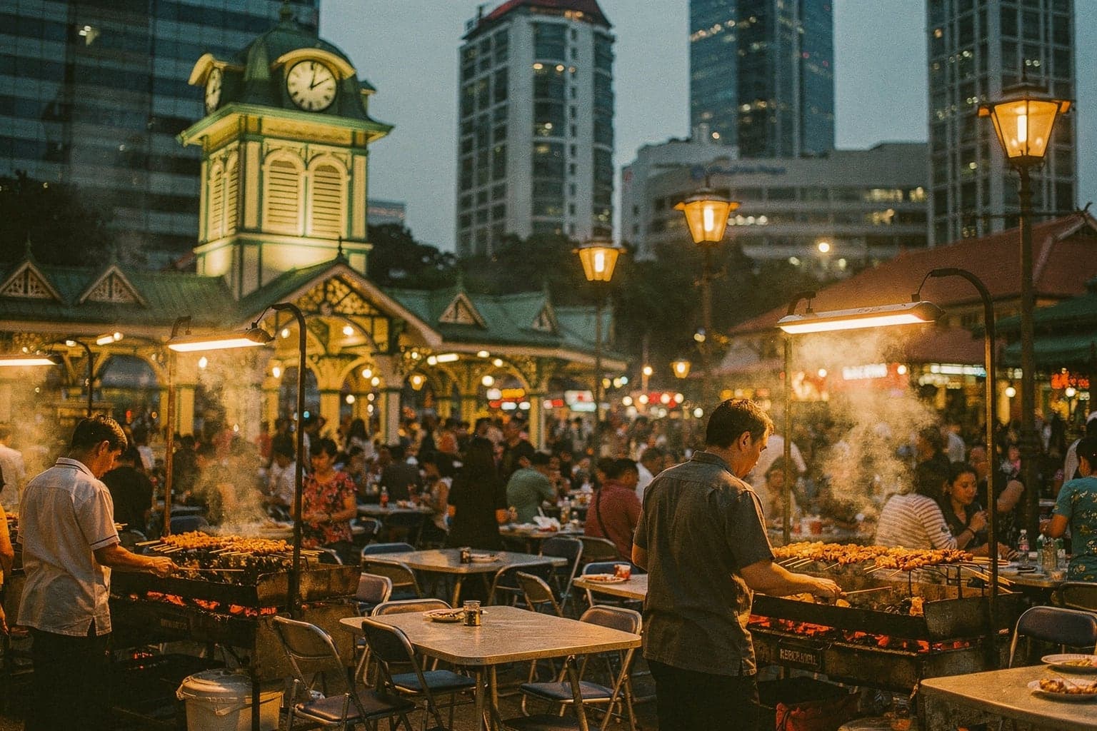 Smoke from charcoal satay grills drifting over diners at Lau Pa Sat's Satay Street at night, office towers behind