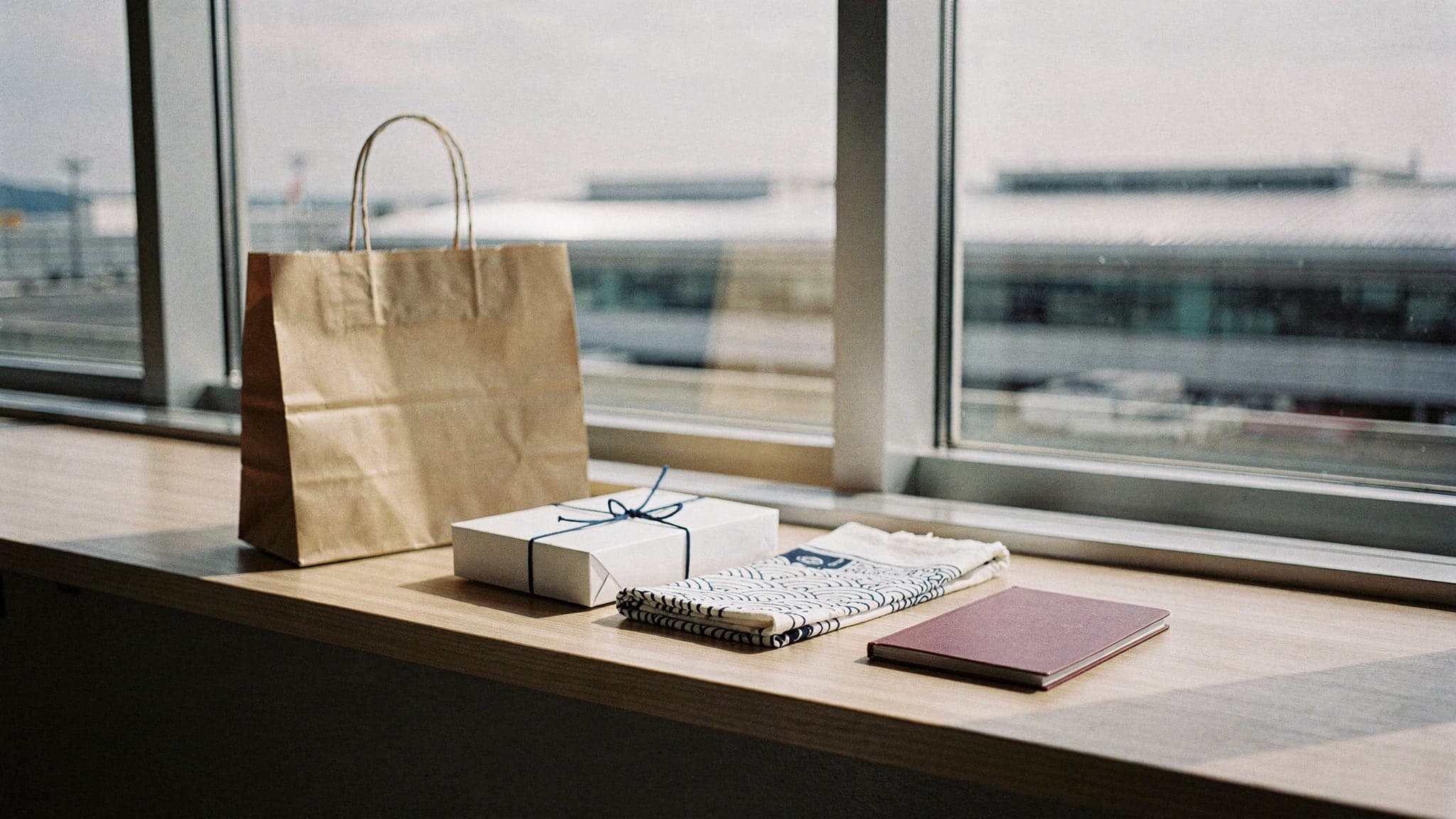 A kraft-paper shopping bag, a small wrapped box, a folded cloth and a red passport on a wooden counter by an airport window