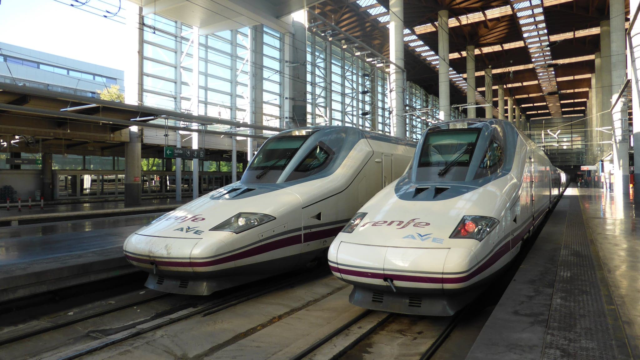 Two Renfe AVE high-speed trains standing side by side at the platforms under the timber-slatted roof of Madrid Puerta de Atocha station