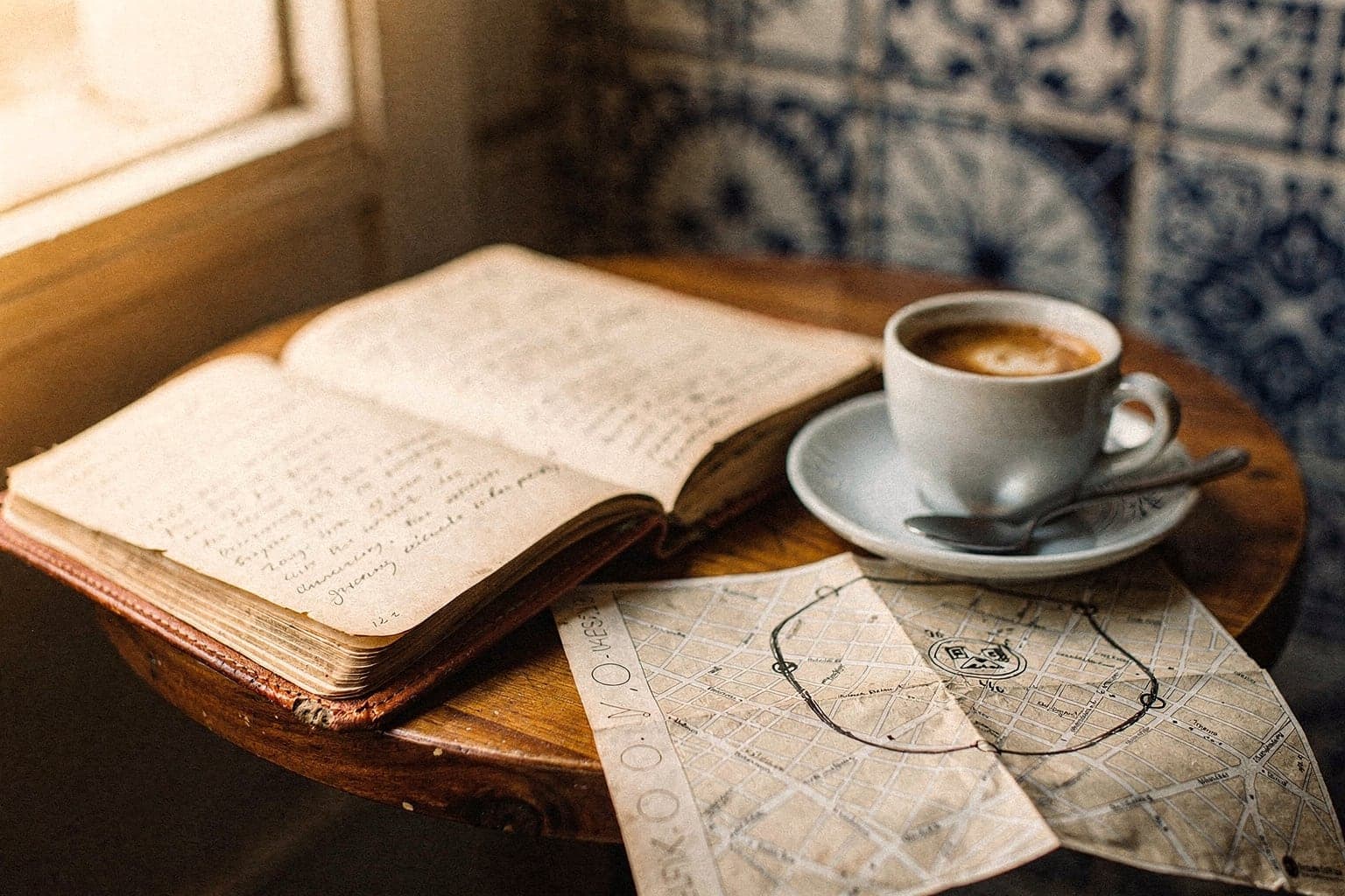 An open travel notebook, espresso and a hand-marked map on a café table